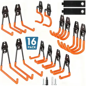 16 Pack Garage Hooks Heavy Duty, Utility Steel Garage Storage Hook with 2 Extension Cord Storage Straps, Utility Garage Wall Mount Hooks for Hanging Bike, Ladder and Garden Tools, Orange
