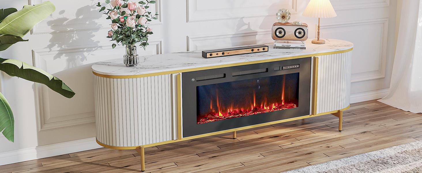 【2 Packages Shipping】oneinmil Luxury 70" Fluted Fireplace TV Stand Modern Chic Entertainment Center for TVs Up to 80" Oak Media Cabinet with Storage for Living Room