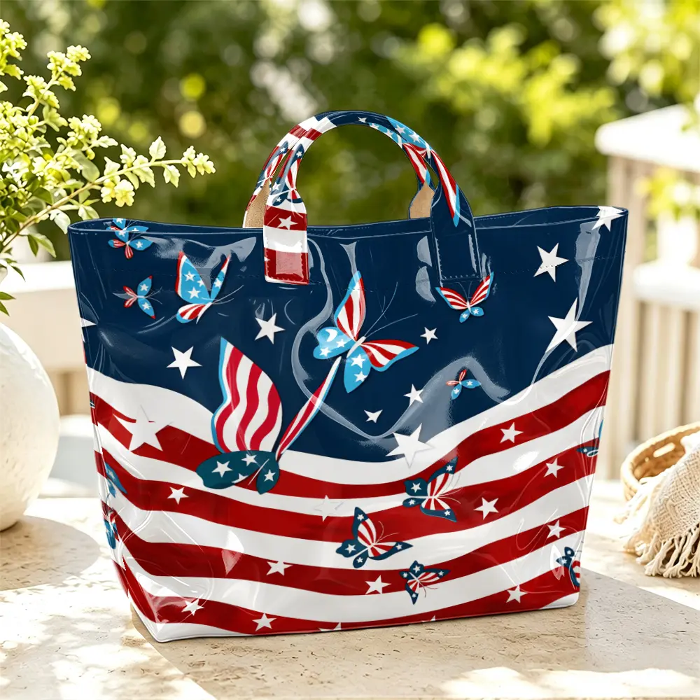 American Flag Butterfly Print Tote Bag Waterproof Women Handbag Only Hand Carry No Shoulder Strap Shopping Travel Work Bag