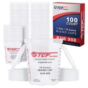 Custom Shop Paint Mixing Cups, 10-Ounce (Box of 100) - Plastic Measuring Cups for Liquids, Automotive Painting, Epoxy Resin, Acrylic Arts, Crafts, Disposable or Reusable, Graduated, Mixing Ratios