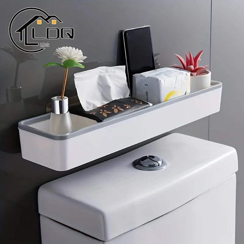 wall-mounted toilet storage rack, Bathroom organizer, Bathroom organizing accessories, organizes essentials, No-drill adhesive bathroom storage rack with paper towel holder and plastic storage tray, Ideal gift for Christmas, Halloween