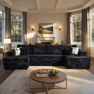 133-inch extra-large modular sofa set, U-shaped corduroy sofa with chaise lounge and ottoman, deep seat sofa set, suitable for living room, black.