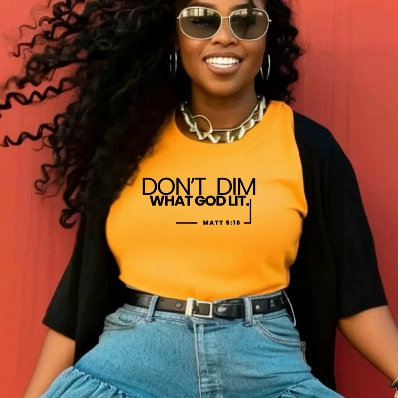 Women's Casual Round Neck "Don't Dim What God Lit" Graphic T-Shirt - Soft Cotton Blend Lady Streetwear Short-Sleeve Religious Quote Top