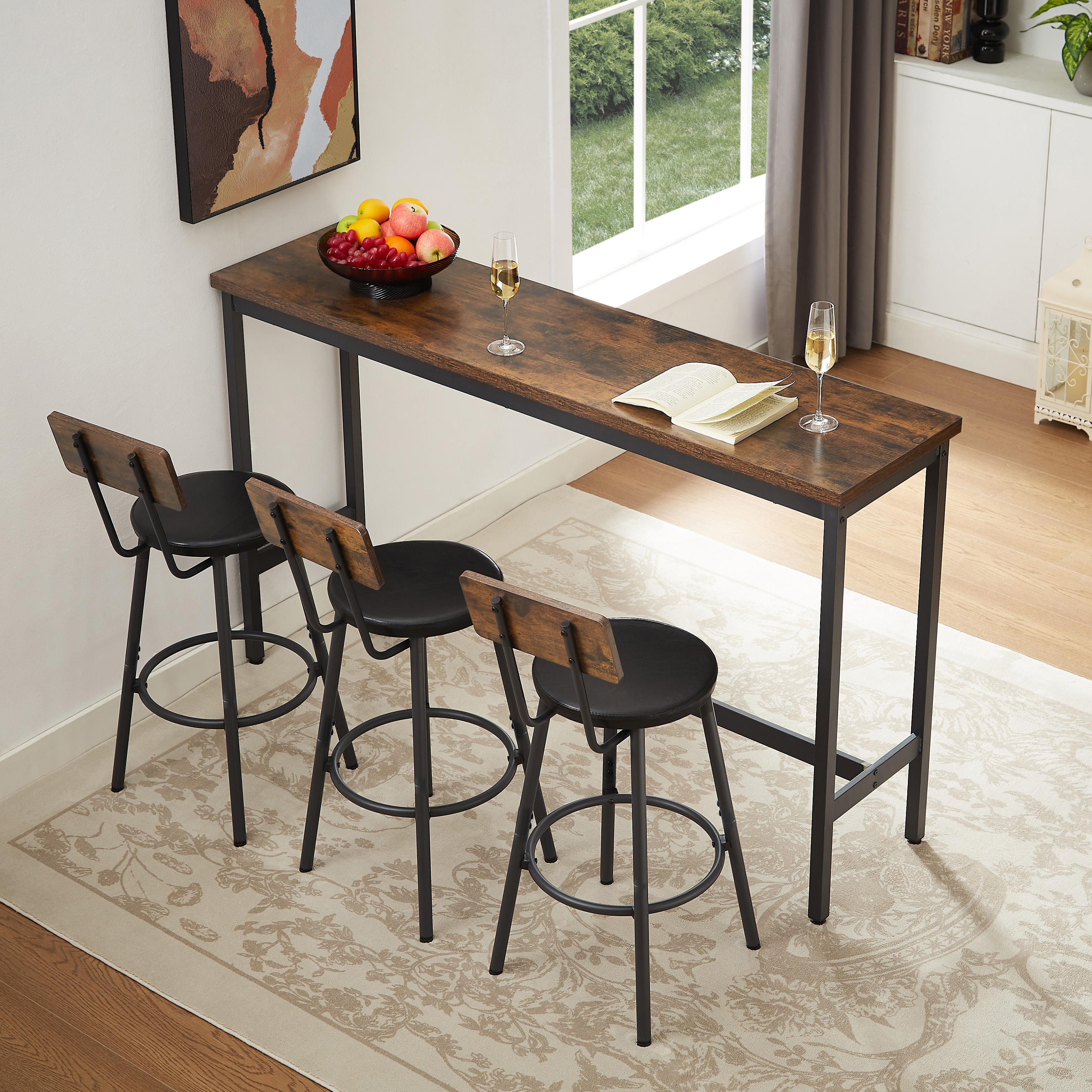 Long Bar Table Set with 3 PU Upholstered Bar Stools, Industrial Bar Table and Chairs for Kitchen Breakfast Table, Living Room, Banquet Hall, Rustic Brown and Black, 63″L x15.7"W x 37.5"H