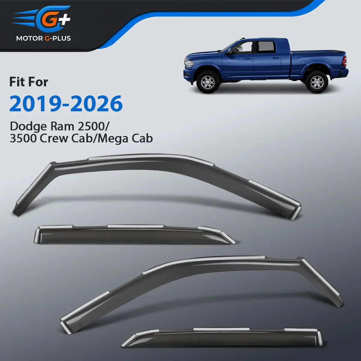 MOTOR GPLUS Acrylic Tinted Peel-Stick Sunvisor Side Window Deflectors & Visors Set - Set of 4, Sun Protection, Durability, Precision-Fit for 2019-2026 Dodge Ram 2500/3500 Crew Cab/Mega Cab, Improve Driving Experience, Visor Set