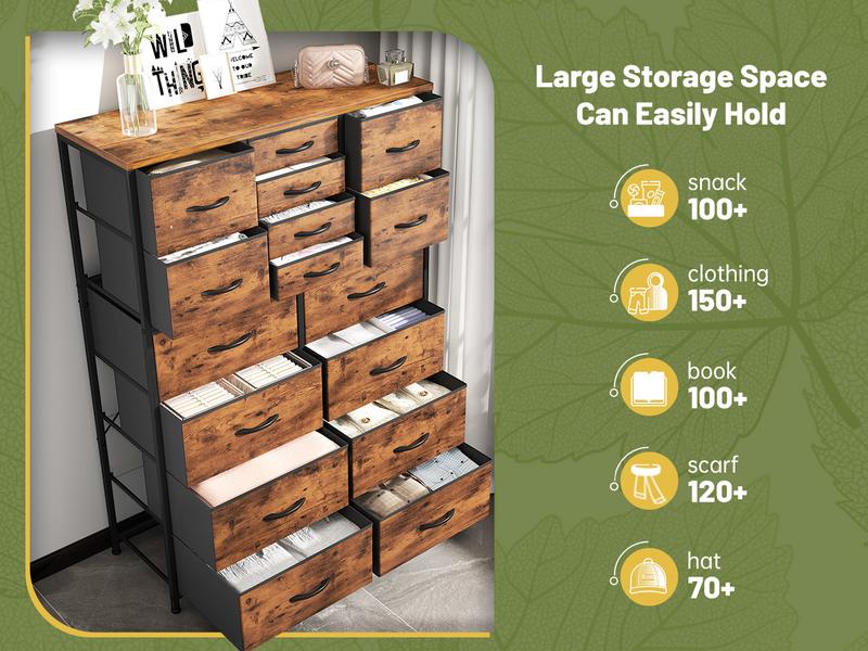 Raybee Furniture Dresser with 16 Drawers, Tall Dressers with Wood Top and Metal Frame, Large Dressers & Chest of Drawers for Bedroom, Closet, Living Room