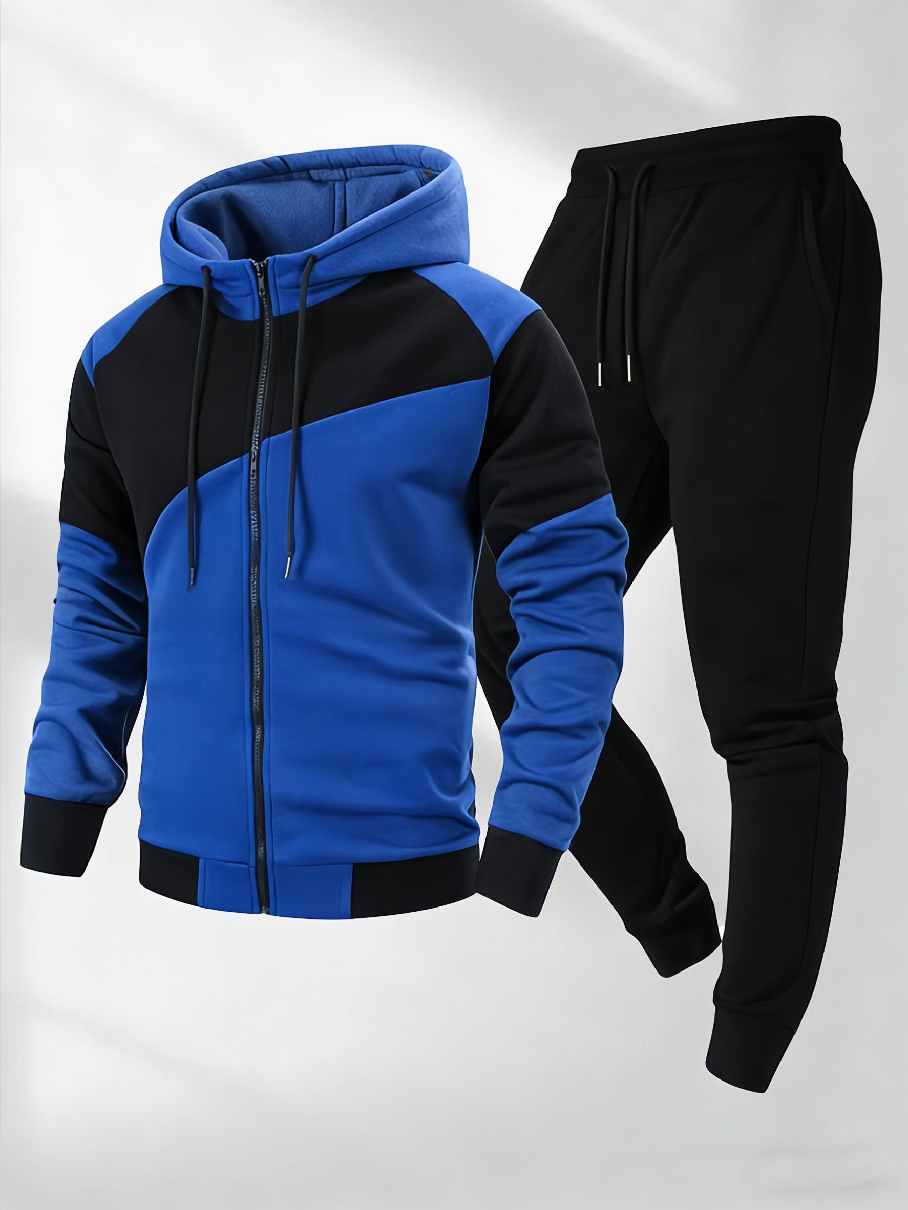 Men's 2-Piece Color Block Hooded Sports Set - Zippered Casual Menswear, Suitable for Everyday Wear