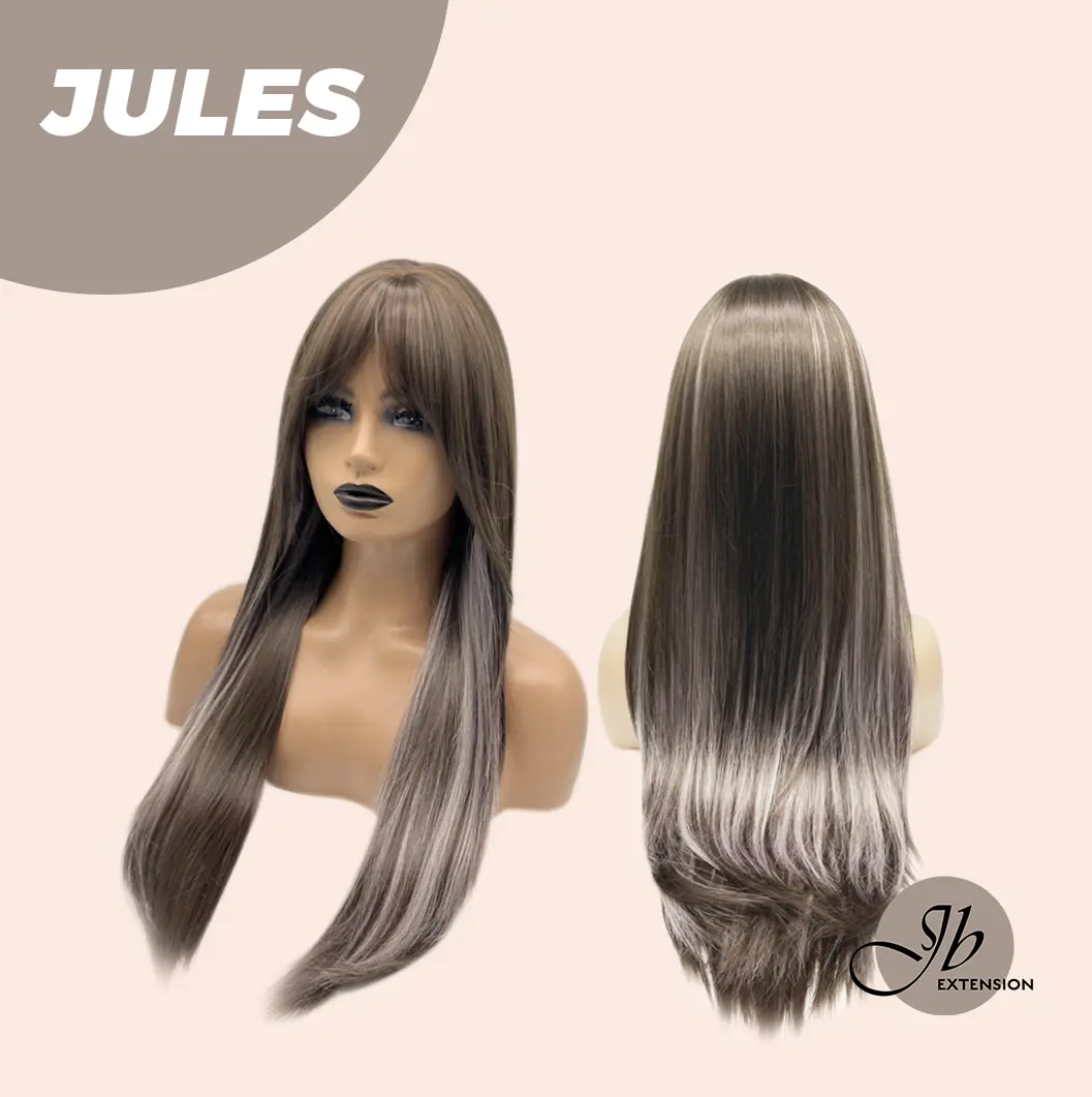 JBEXTENSION 28 Inches Long Straight Brown with Smog Pink Highlight Wig with Bangs JULES