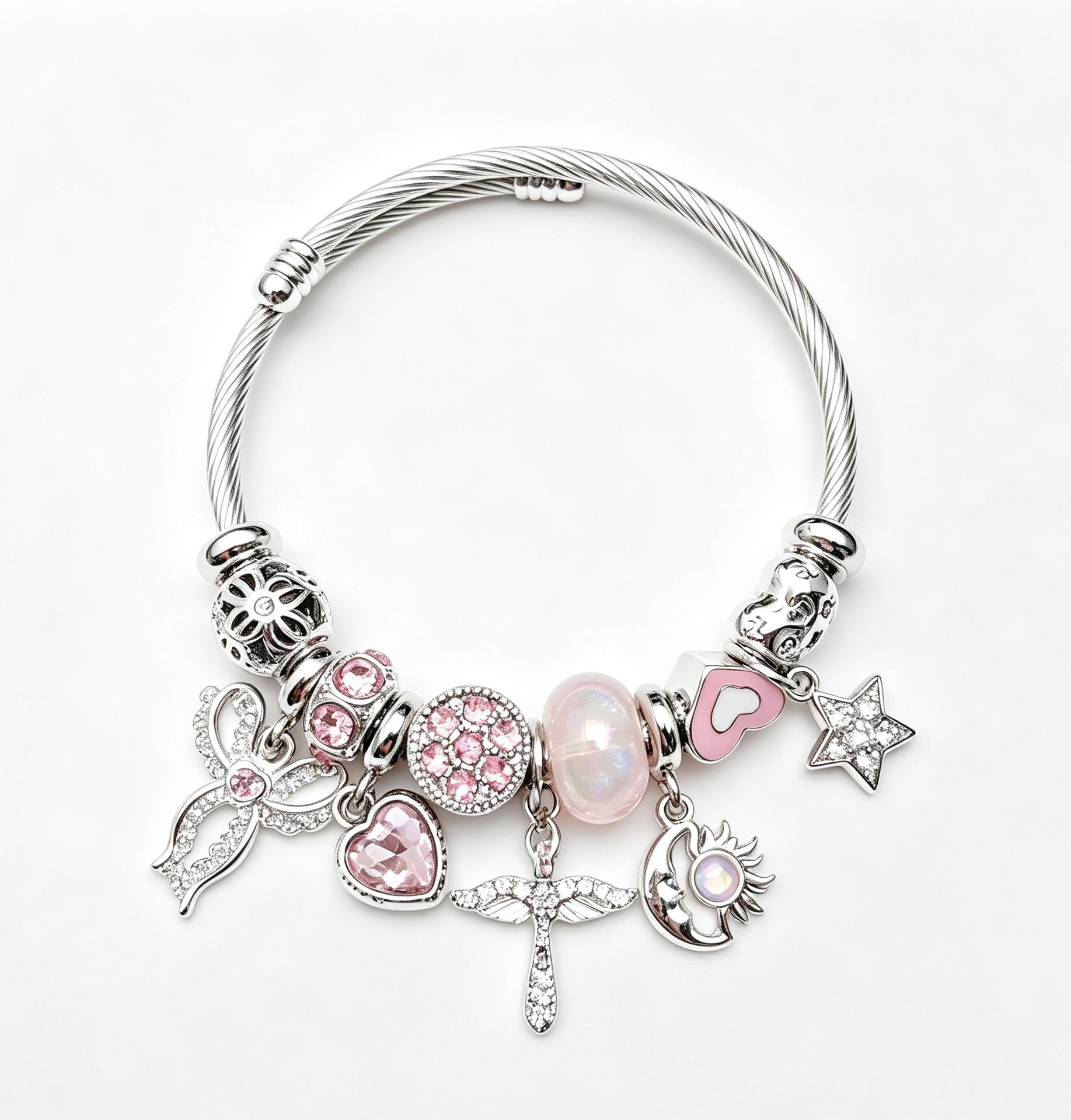 Silver Tone Adjustable Wire Bangle Bracelet with Pink Rhinestone Heart Angel Moon Star Charms, Women Cute Pink Bead Charm Jewelry Gift