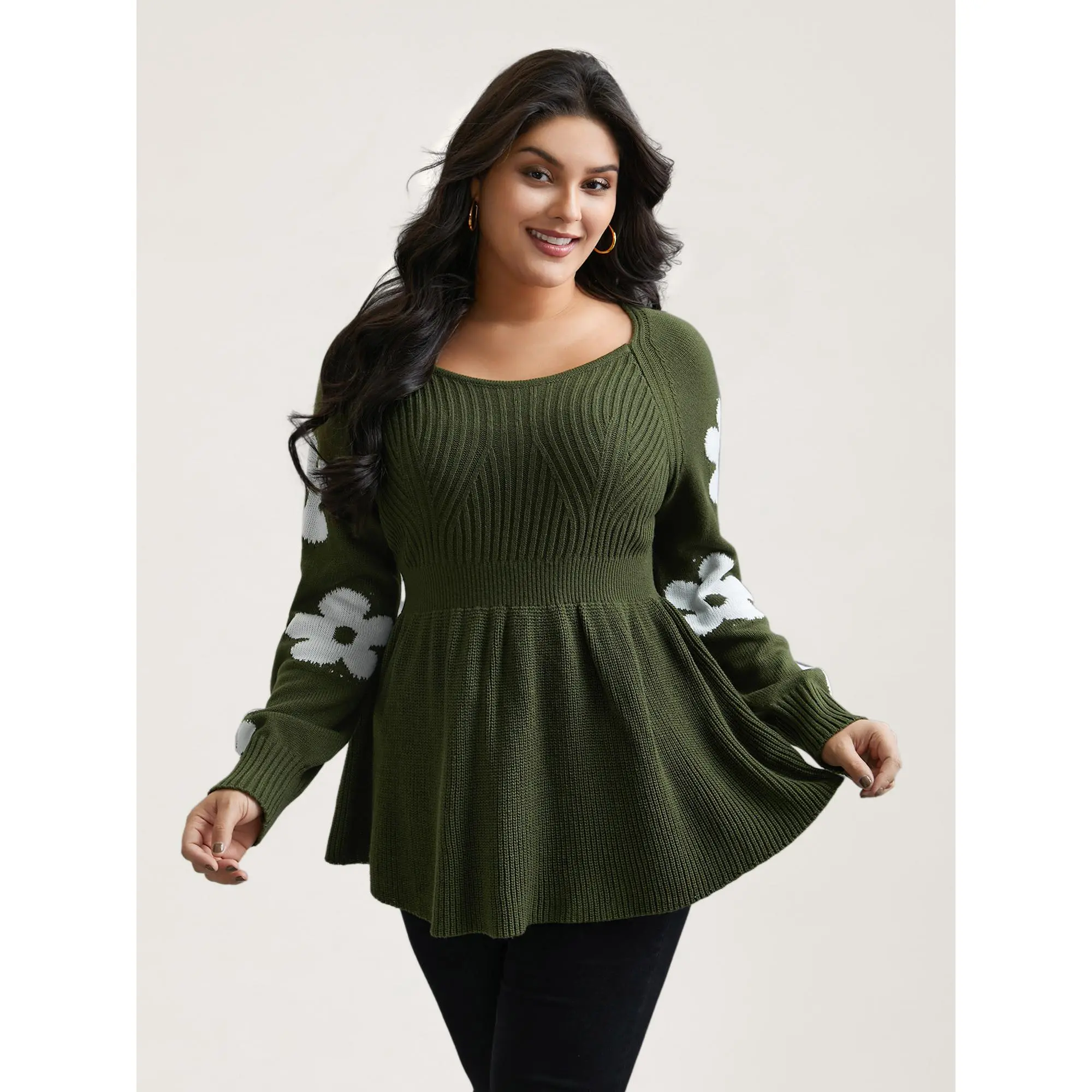 BloomChic Plus Size Floral Print Sweater, Casual Army Green Cable-Knit Top with Sweetheart Neck, Fitted Long Raglan Sleeve in Soft Acrylic, Knitwear,clothes for back to school,first day of school outfits