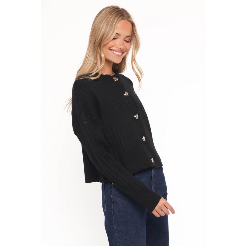 Loulani Heart Button Cardigan - Black