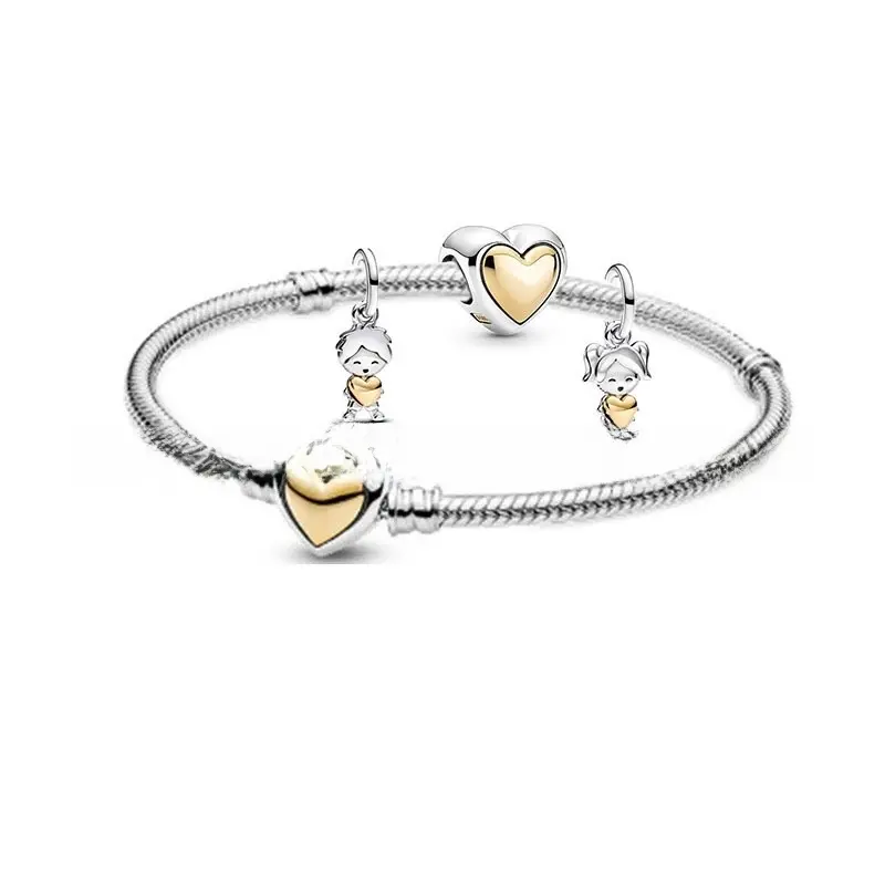 Silver Plated Charm Bracelet Set with 3 Heart Charms | Boy & Girl Dangle Charms | Gift for Mom, Family & Loved Ones