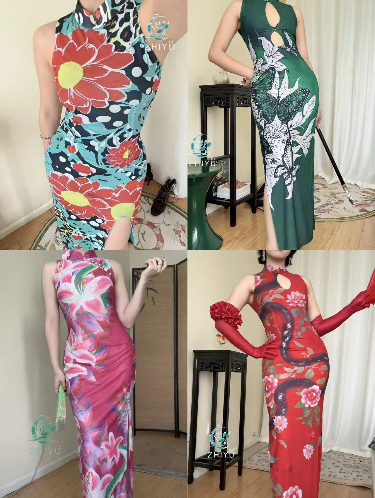 Vintage Floral & Snake Pattern Qipao, Sleeveless Mandarin Collar High Slit Chinese Style Dress(stretchy fabric)