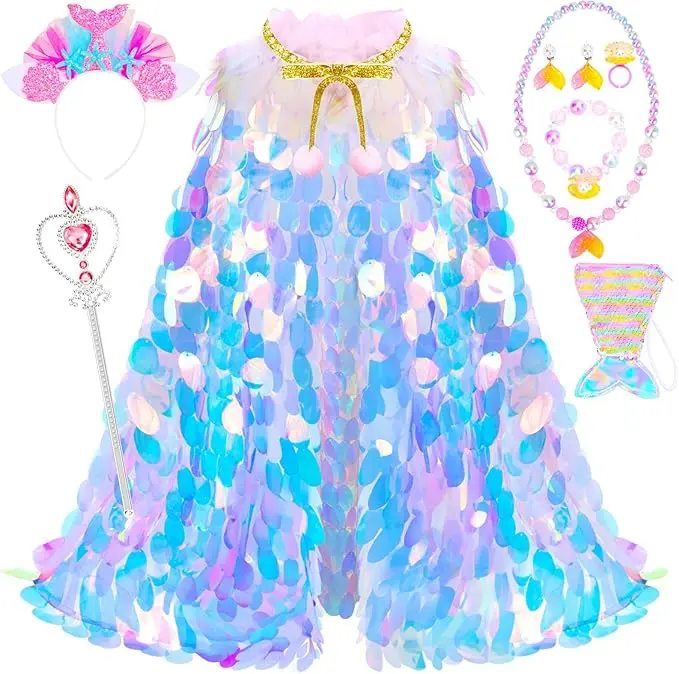 Princess Dress Up Roleplay Toy Set - 9 Pcs Rainbow Cape Mermaid Tail Summervibes Costume Kit, Birthday-Ready Princess Gift for 3-8 Yrs Little Girls, Encourages Creativity