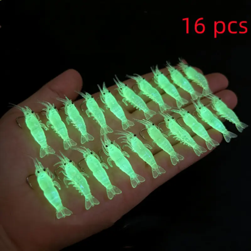 2026 New 16-Piece Glow-in-the-Dark Lure Artificial Shrimp with Hooks, Glow-in-the-Dark Shrimp Jig Ideal for Night Fishing, fishing equipment, Perfct for Bass, Trout, Perch, Drum, and Redfish