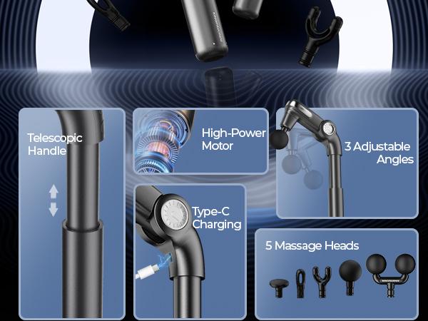 KingPavonini Foldable Massage Gun with Dual-Ball Head, Adjustable Head & Extendable Handle, Handheld Back Massage Gun, Portable Percussion Massager Gun, Gift for Men Women