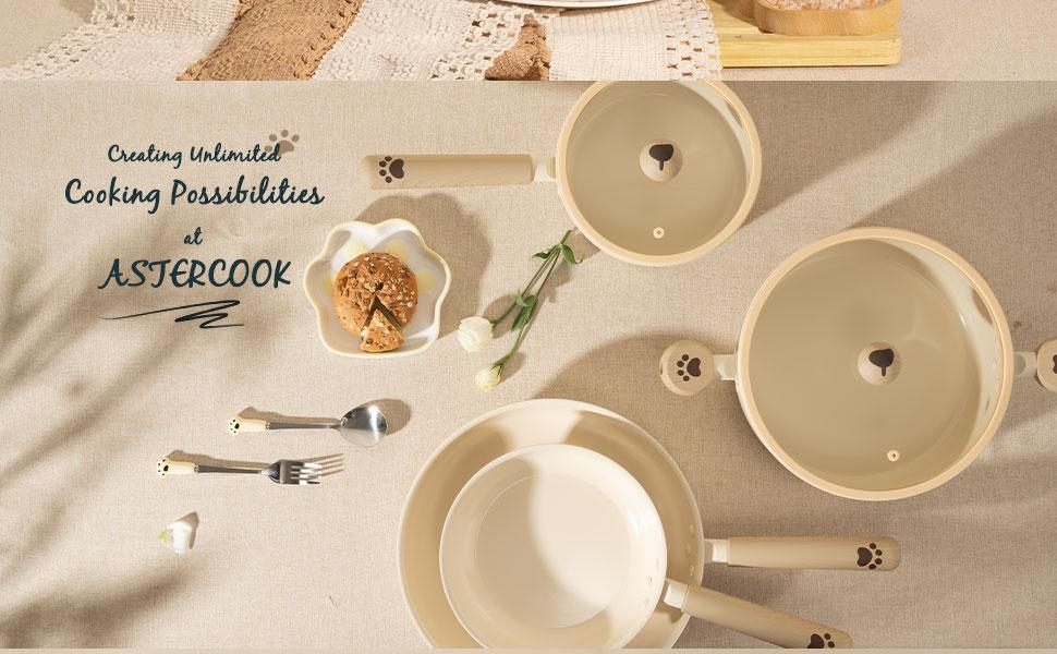 Astercook Ceramic Pots and Pans Set Non Stick 17 Pcs Induction Kitchen Cookware Sets NON TOXIC Healthy Kitchen Cooking Set with Frying Pans Set and Dog Paw Design（PFAS PTFE PFOA PFOS Free）