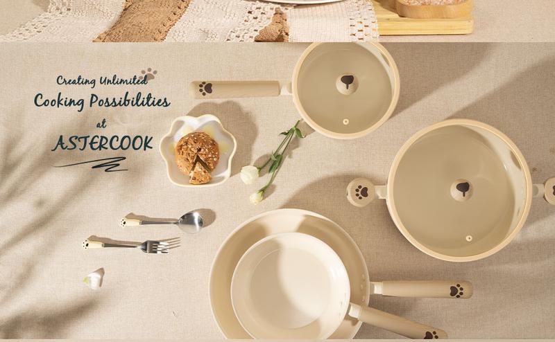 Astercook Ceramic Pots and Pans Set Non Stick 17 Pcs Induction Kitchen Cookware Sets NON TOXIC Healthy Kitchen Cooking Set with Frying Pans Set and Dog Paw Design（PFAS PTFE PFOA PFOS Free）