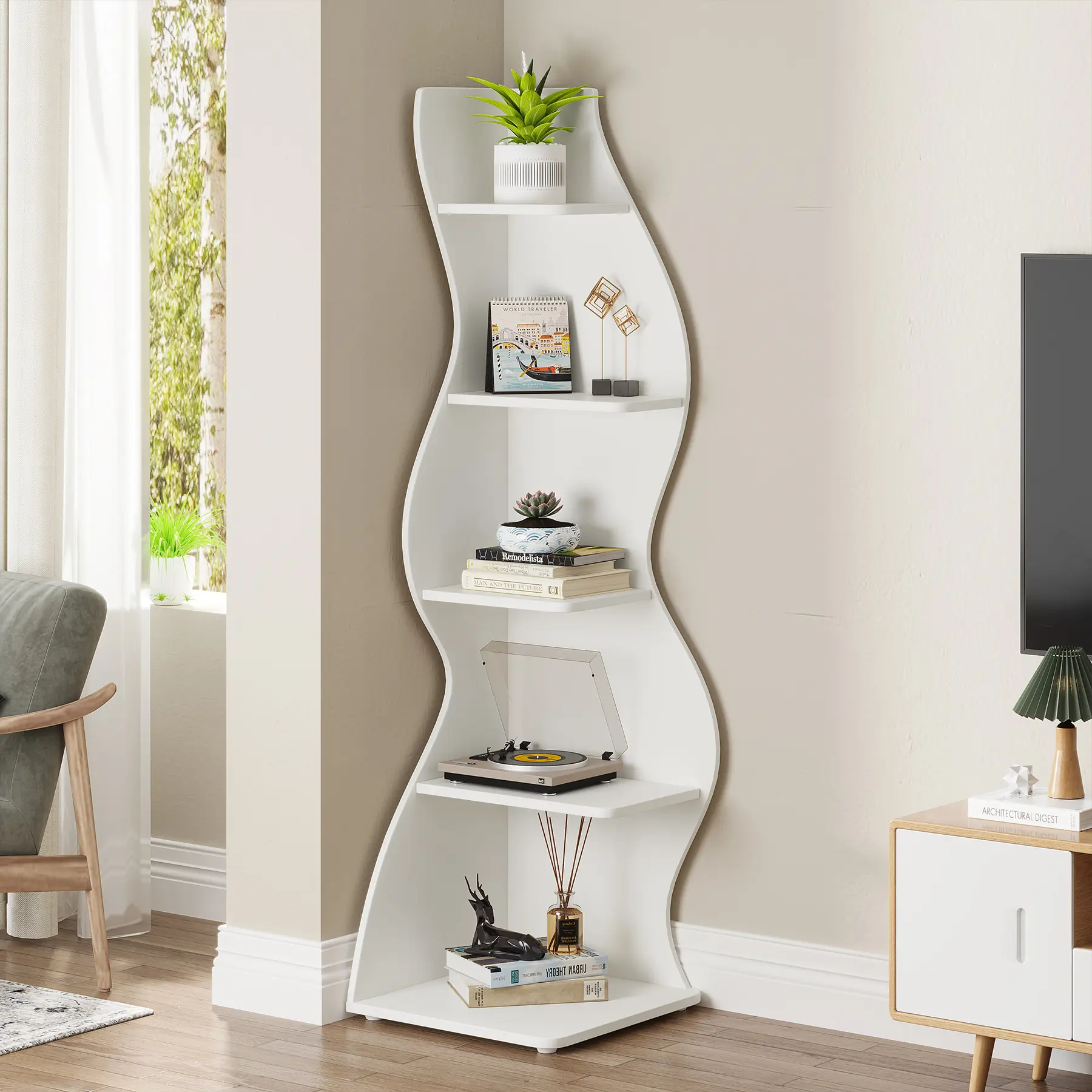 LITTLE TREE Corner Shelf, Modern 5-Tier Wall Corner Bookshelf, Stylish Corner Small Bookcase Storage Rack Plant Stand with Unique Shape for Living Room, Home Office