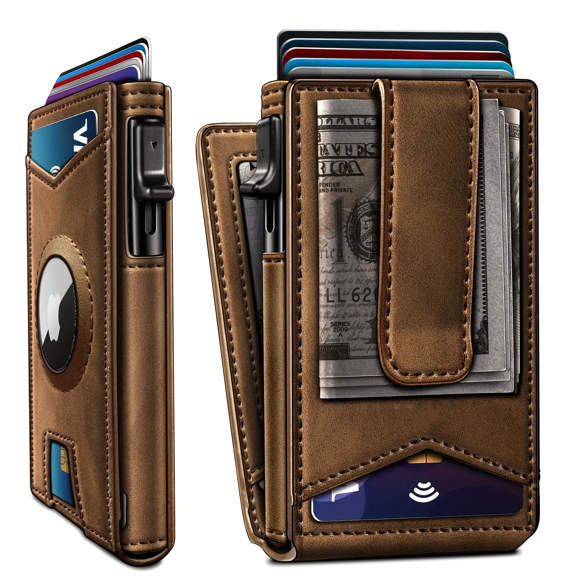 Men's Airtag Wallet with RFID Blocking Metal Case, Magnetic Leather Flip Card Holder, Slim Front Pocket Pop-up Design - 1PC Valentine's Day Gift Package with Bouquet, Mens Accessories, Festive Men's Gift, Men's Accessories, Mens Wallet