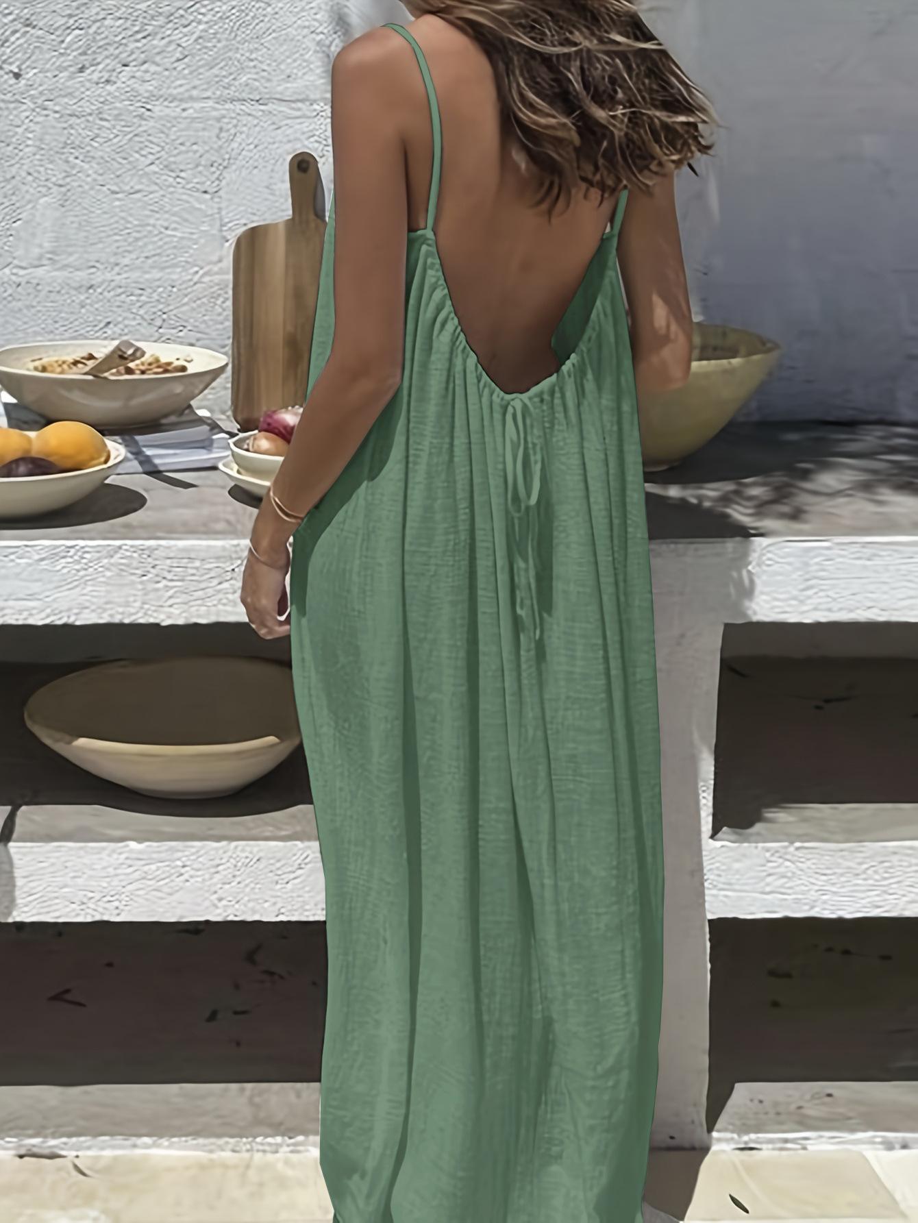 Women's Solid Color Cami Lounge Dress, Elegant Sleeveless Long Dress for Summer, Ladies Sleepwear for Indoor Wear Sultry Open-Back Slip Dress for Valentine's