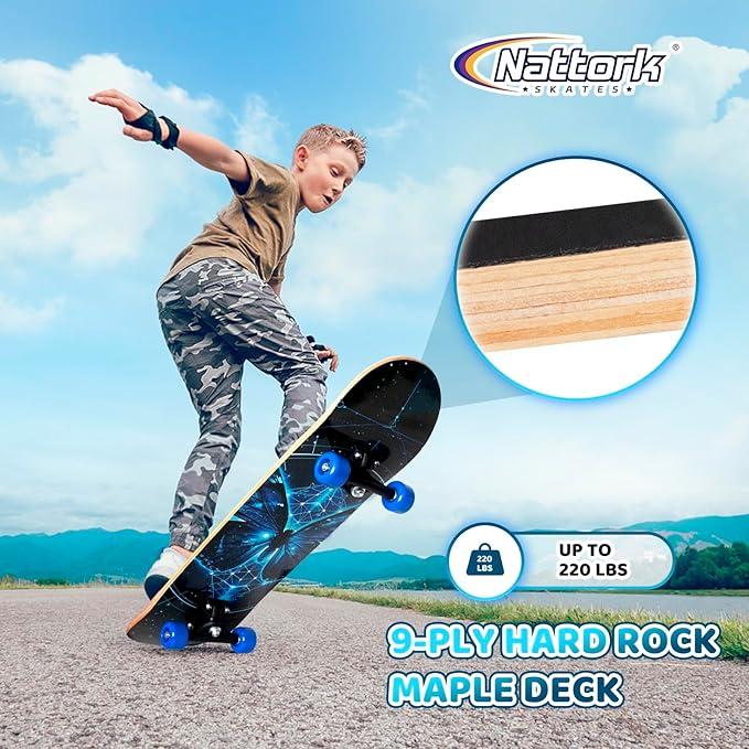 Nattork 31 Inch Complete Skateboard, Standard Skateboards for Beginners, Wood 9 Layer Canadian Maple Trick Skate Boards for Boys Girls Youth Teens Adults Maple Skateboard Concave Skateboard Northeast