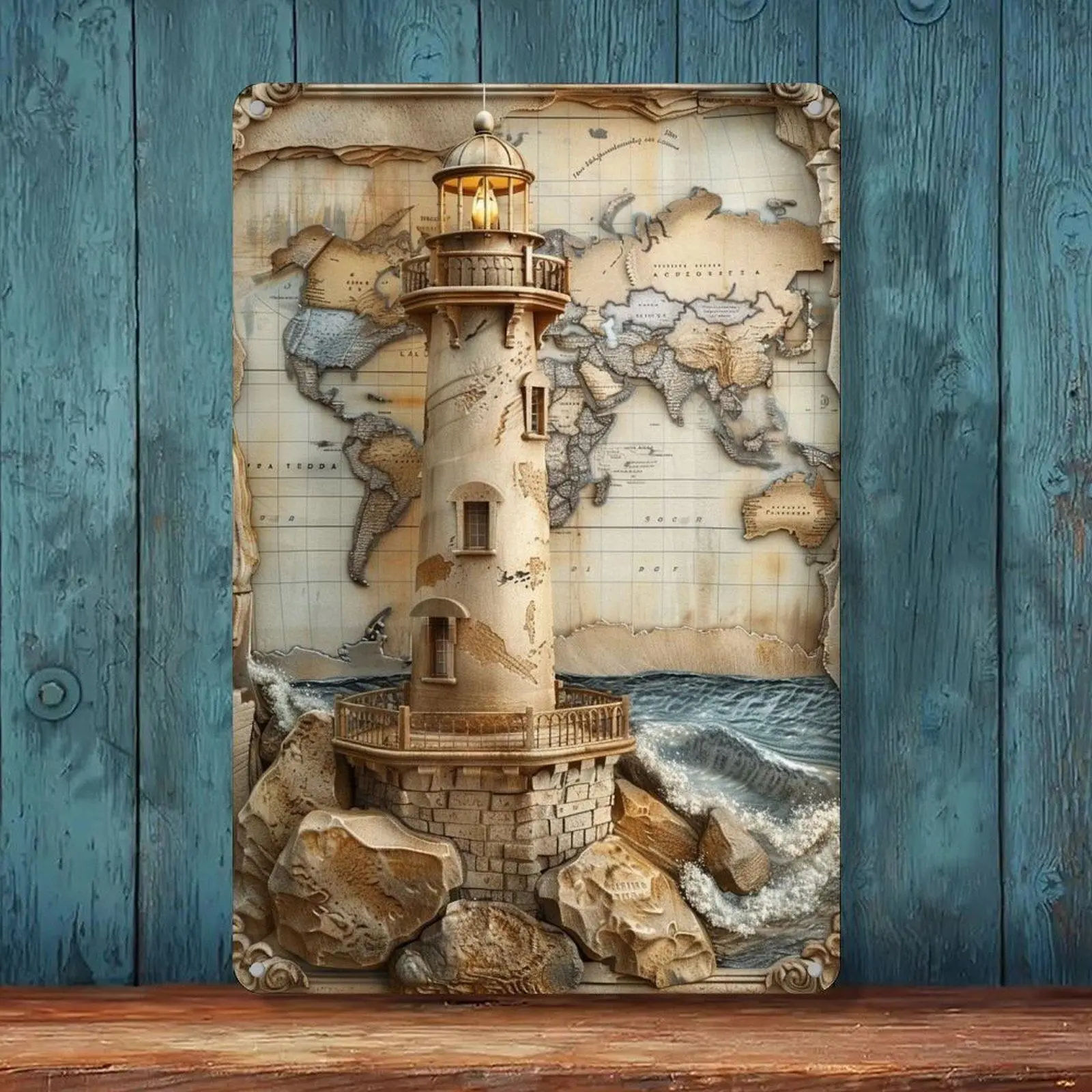 Vintage World Map Lighthouse Ocean Waves Tin Sign 8x12in Coastal Nautical Wall Decor Metal Tin Sign