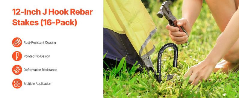 12-Inch Rebar Stakes 16 Pack Heavy Duty J Hook Galvanized Steel Ground Anchors For Lawn Garden Fencing Tent Guy Lines Landscaping Construction And Outdoor Use Corrosion Resistant Durable Steel