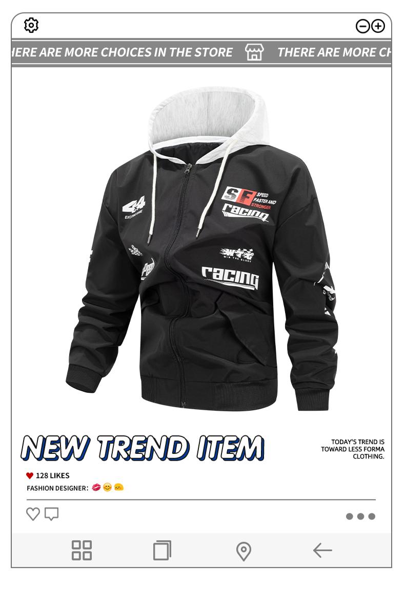 Men's stylish trendy versatile jacket with adjustable hood, featuring racing-themed print, windproof and abrasion-resistant surface design, suitable for competitions, street outings, attending racing-themed parties and gatherings, everyday casual wear, co