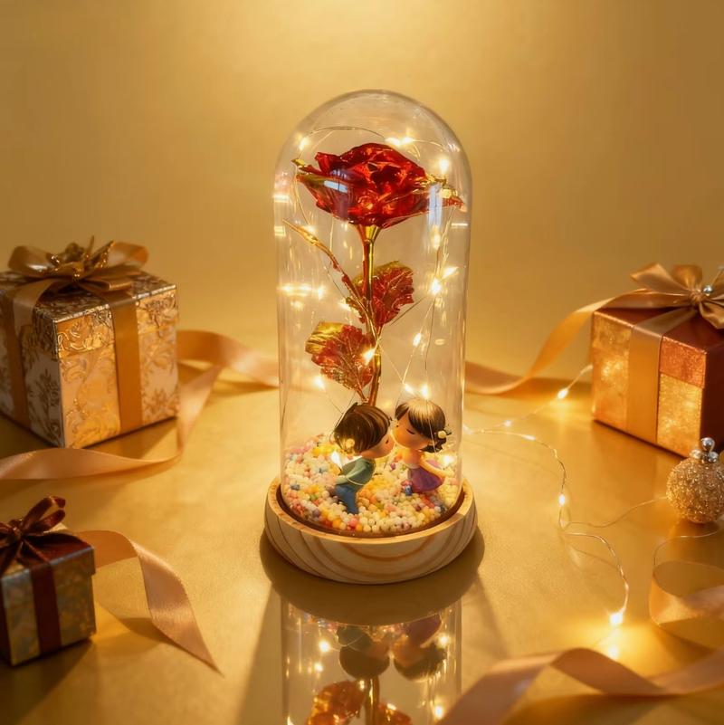 Valentine's Day simulation gilt roses, creative wooden base glass cover with couple dolls, colorful foam balls, AA battery power supply, gift box packaging suitable for Valentine's Day gifts, romantic night lights in home bedrooms