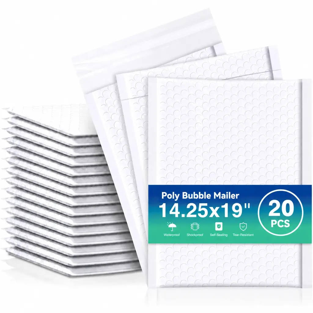 Poly Bubble Mailers 14.25 x 19 Inch 20 Pack 15 Pcs 5 Piece Bulk Shipping Bags White Self-Seal Waterproof Padded Envelopes with Bubble Wrap Protection Strong Self Adhesive Shipping Envelopes for Small Business Packaging Mailing Bags for Shipping