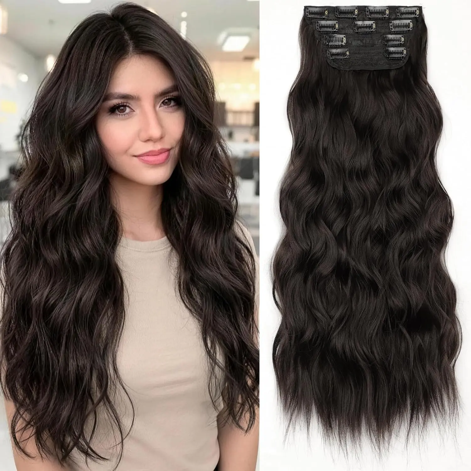 [AISI HAIR] Women's Clip-in Synthetic Hair Extensions, 24-Inch Long Wavy 4PCS Thick Hairpieces, Dark Brown 6# Double Weft Fiber Extensions with Thick Wefts to Add Fullness, Thick Wefts Add Fullness