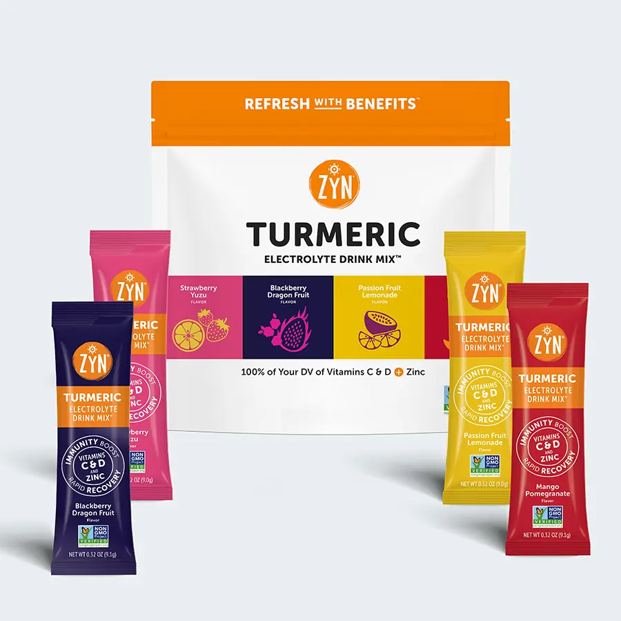 DrinkZYN Turmeric Wellness Electrolyte Drink Mix – Naturally Light Sweetened Hydration Pack with Turmeric, Electrolytes, Vitamins C & D, Zinc for Daily Wellness, Anti-Inflammatory Muscles Recovery, Gut Health & Immune Support - Variety Flavors Pack