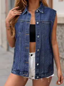 Dark Blue Tailor Seam Detail Button Down Denim Vest, Classic Button Down Design With A Classic Spread Collar.