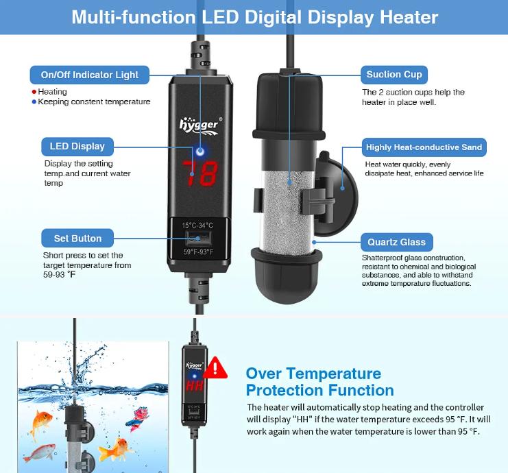 hygger Small Aquarium Betta Heater, Submersible Fish Tank Heater 50W with LED Digital Display, Suitable for Marine Saltwater and Freshwater up to 5/10/16/26 Gallon