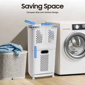 Space-Saving Vertical Laundry Sorter - Wheeled with Removable Wall-Mount Baskets 4 Universal Wheels (2 with Brakes) Grey&White Modern Design