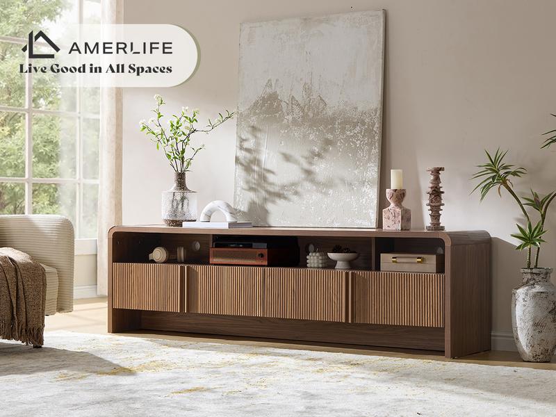 AMERLIFE 70" Modern TV Stand for TVs Up to 80", Wood TV Console with Curved Profile Design & 2 Storage Cabinets, Media Console Entertainment Center for Living Room, Bedroom/Best Gift Ideas/Christmas Gifts