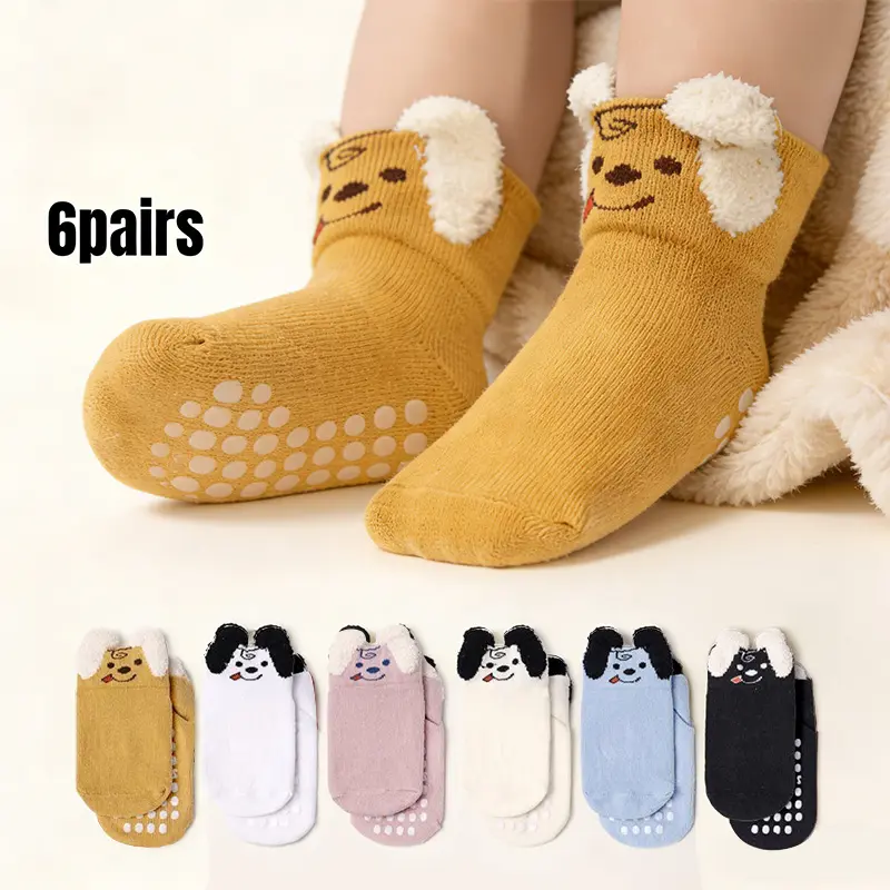Random 6 Pairs Children's Socks with Anti-Slip Soles Cartoon-Printed Cute Ear-Design Socks Fun Socks for Girls and Boys Casual