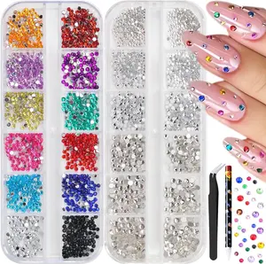 2 Boxes Clear & Colorful Resin Nail Art Rhinestones Kit, Flatback Crystal Nail Gems Stones Different Sizes with Wax Pencil & Tweezers for Acrylic Nails Manicure Craft Decor