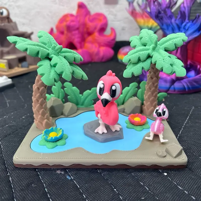3D Printed Standing Flamingo Tropical Scene Statue - Decorative Lightweight Plastic Home Decor Ornaments with Flowers, Palm, Artistic Desk-Shelf Gift for Home Supplies