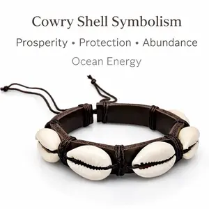 Cowry Shell Bracelet – Handmade Sea Shell Leather Bracelet, Adjustable Hawaiian Style