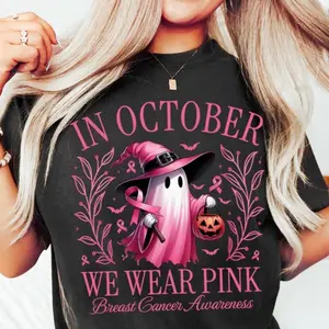 in October We Wear Pink Shirts Women Halloween Pink Graphic Breast Cancer Short Sleeve Fall Tee