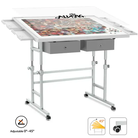 ALL4JIG 1500pcs ABS Plastic Jigsaw Puzzle Table - 9 lbs Light-Weight Adjustable Tiltable 35"x26" Board, Storage Drawer Platform with 4 Plastic Drawers & Protective Cover, 45-Degree Any-Angle Tilt, for 12 Years Above Collectors, Mother’s Day Gift