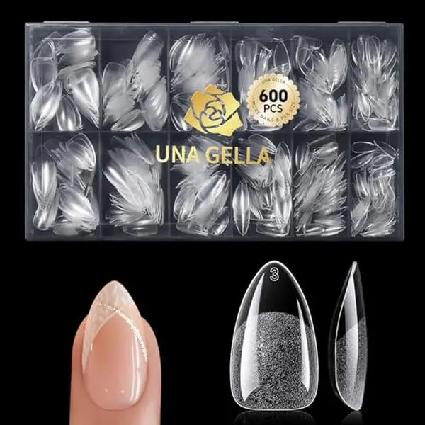 UNA GELLA Short Almond Gel Nail Tips, 600 Pcs X-Soft Nail Tips Almond Shape | Pre-Filed Clear Press On Nails 12 Sizes Full Cover Fake Nails for Extension Home DIY Salon