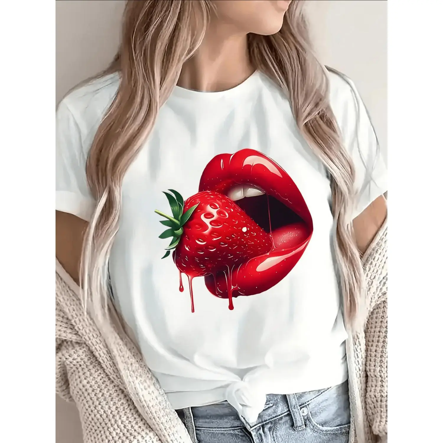 Bold Red Lips Strawberry Graphic T-shirt Sweet Juicy Fruit Lover Tee Trendy Fashion Top Modern Design Womens Apparel Summer Gift Idea Birthday Present For Her Cute Casual Wear Shirt