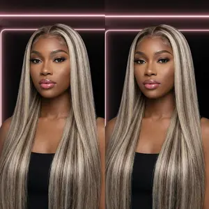 Ombre Ash Blonde Highlight Silk Straight 13X6 Lace Frontal Wig 200% Density Light Grey 613 Highlight Hd Transparent Lace Front Wig Human Hair For Woman