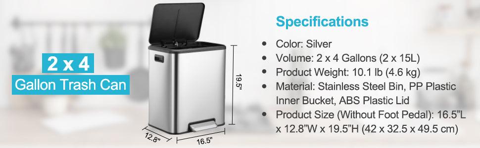 【GARVEE】8-Gallon Dual Trash & Recycling Bin - Stainless Steel Kitchen Waste Bin with Soft-Close Lid & Foot Pedal - Removable Liners & Compact Design