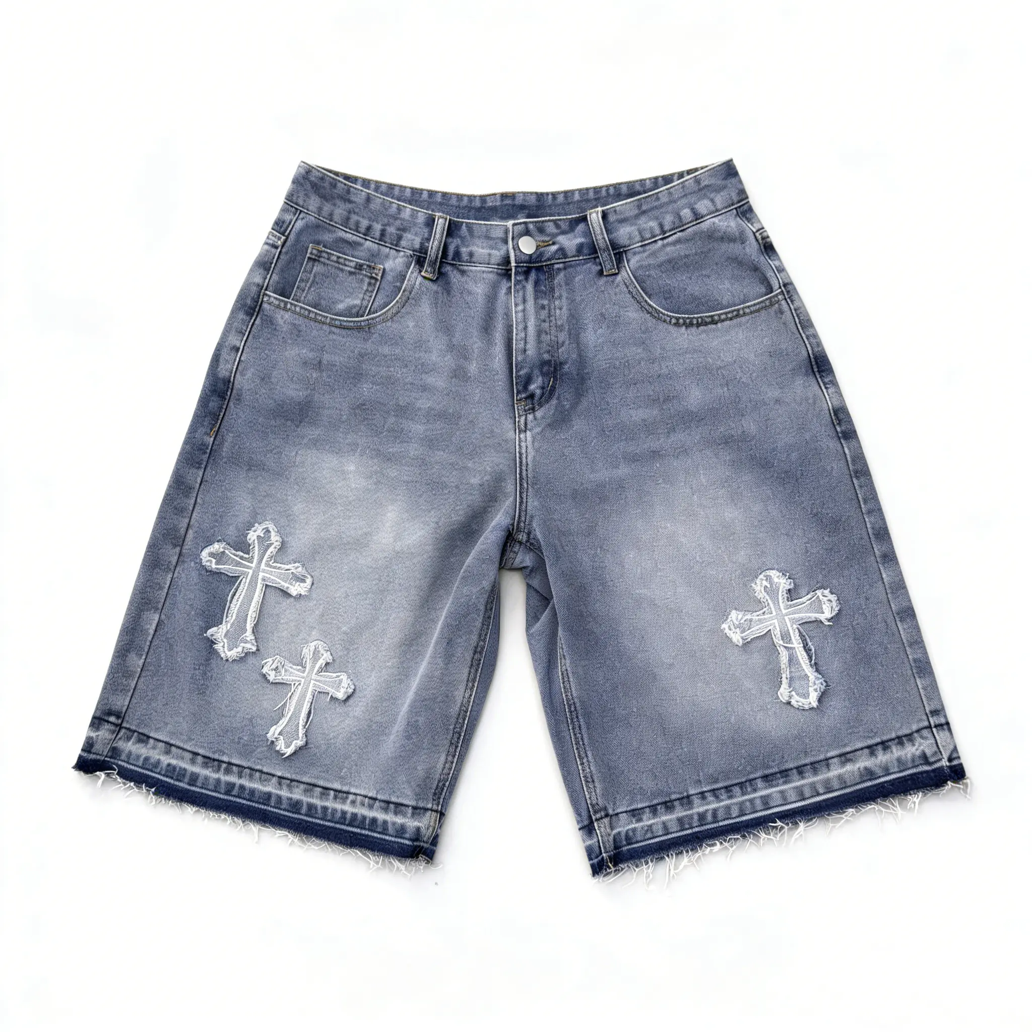 Sopula Studio Men's Vintage Hiphop Thick Denim Shorts - Cross-Appliqué Rhinestone, Ripped, Straight-Leg, Pocketed, Streetwear Swag Menswear Blue Bottoms, Retro Fashion Apparel, Natural,clothes for back to school,first day of school outfits