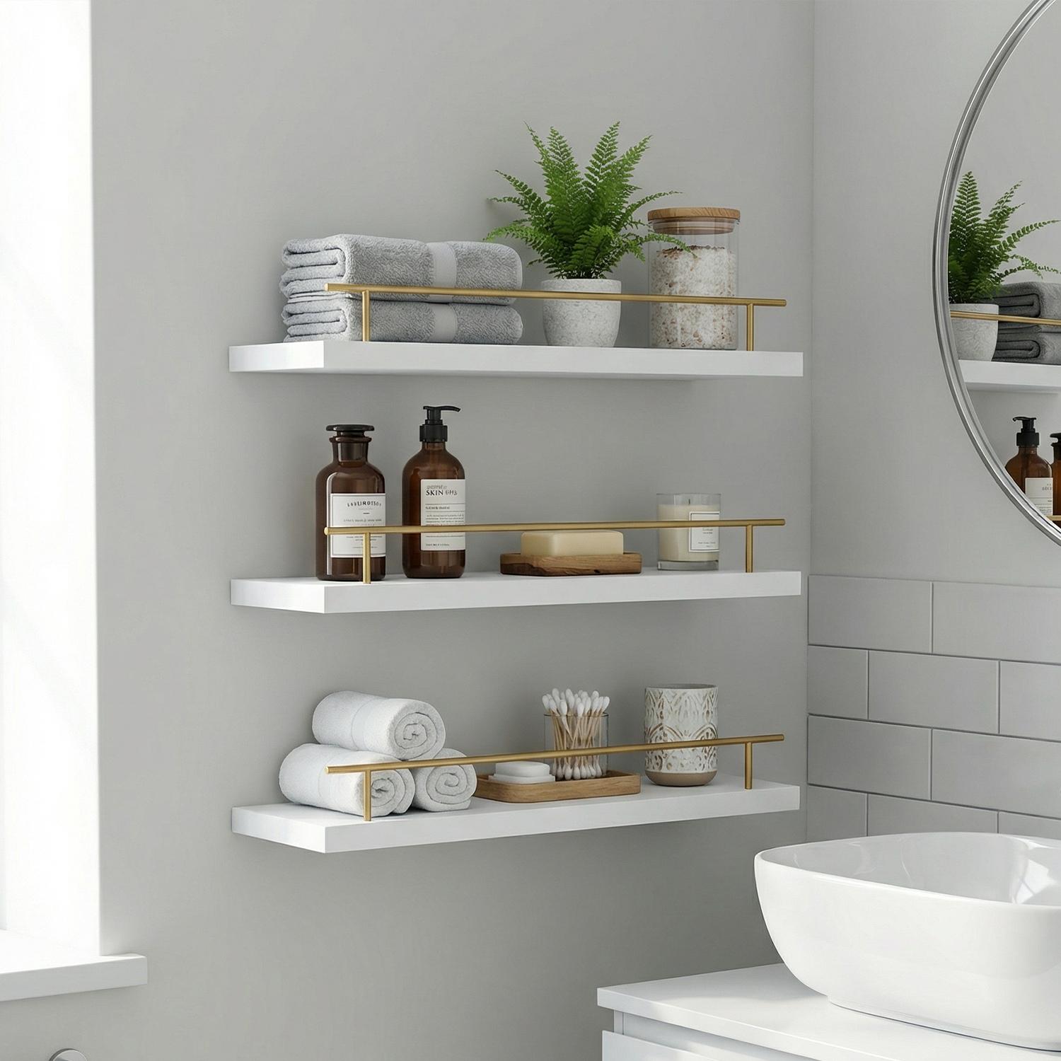 Spaco 15.7" Maple White Floating Wall Shelves - Modern Wood Storage for Bathroom, Bedroom, Kitchen & Living Room (Gold railing,Invisible Brackets, Decorative & Functional for Books & Organization) Spaco 15.7" Maple White Floating Wall Shelves - Modern Wood Storage for Bathroom, Bedroom, Kitchen & Living Room (Gold railing,Invisible Brackets, Decorative & Functional for Books & Organization)