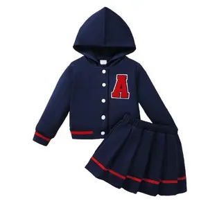 3-8Y Kid Girl's Cute Emboridery Button Down Hooded Baseball Jacket Pleated Skirt Set 2Pcs Preppy Style Clothes For Spring Fall, Gift 42406051